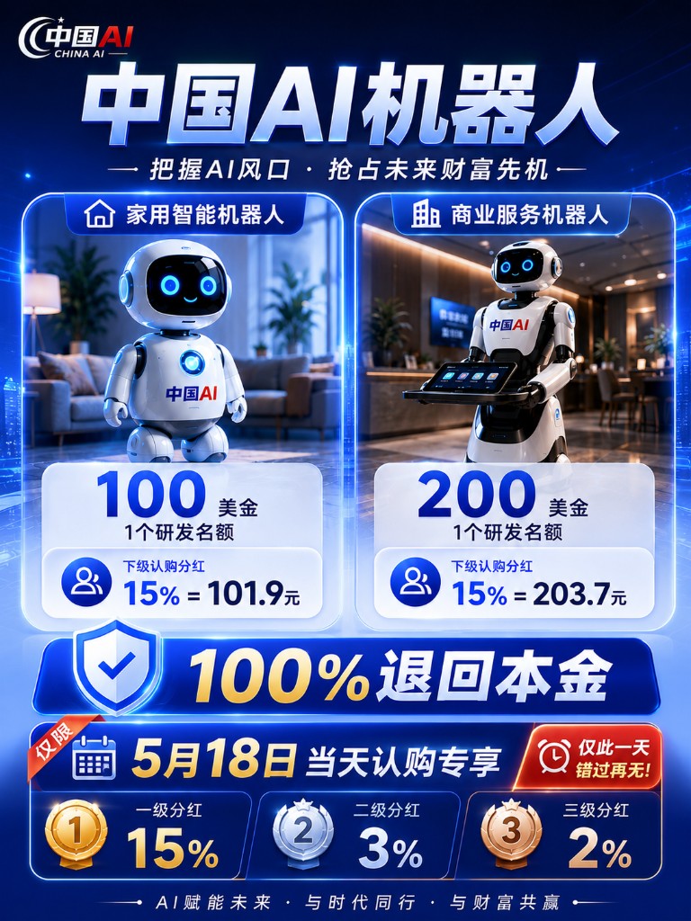 中国AI机器人 5月18日当天认购专享 一级分红15% 二级分红3% 三级分红2% 100%退回本金 家用智能机器人100美金 商业服务机器人200美金